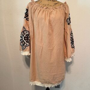 Velzera Tan Bohemian Embroidered Top with fringe 3XL